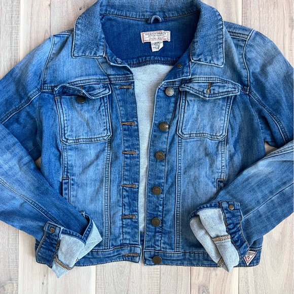Guess Classic Distressed Crop Jean Jacket Y2K women’s size medium - Picture 3 of 11